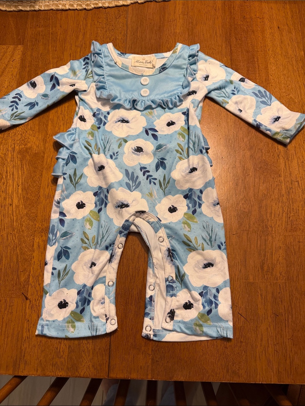Blue Floral Ruffle Baby One-Piece by Marie Nicole